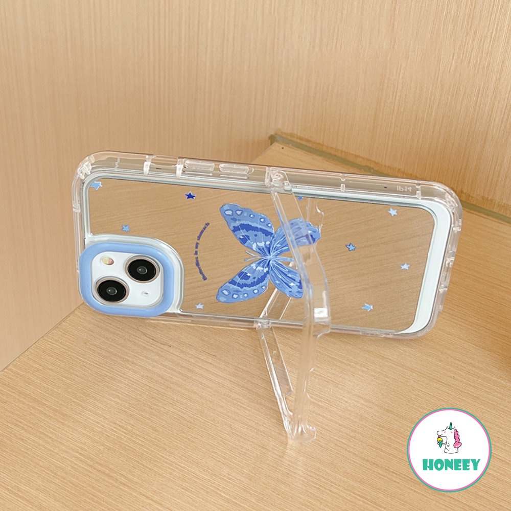 IPHONE Biru Kupu-Kupu Cermin Rias Invisible Stand Phone Case Untuk Iphone14 12 13 11 Pro Max14 12 Pro Bintang Kecil Shockproof Back Cover