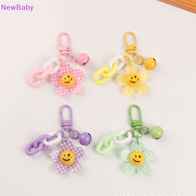 Newbaby Lucu Smiley Face Bunga Bunga Matahari Warna Kisi Gantungan Kunci Dengan Bell Ransel Key Pendant Keyrings Aksesoris Kawaii Key Ring Mainan Pesona Hadiah Ornamen ID