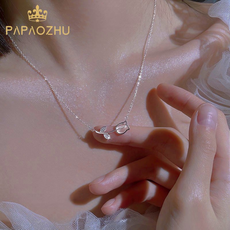 Papaozhu Korea Glossy Opal Tulip Pendant Kalung Wanita Perempuan Elegan Berlian Imitasi Mekar Bunga Kalung Perhiasan Untuk Pesta Tunangan