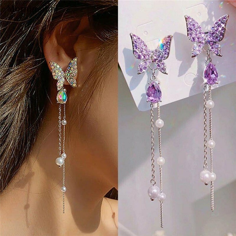 Mornin Anting Drop Kupu-Kupu Kristal Ungu Untuk Wanita Mutiara Rumbai Rantai Berlian Imitasi Perhiasan Anting Pendientes id