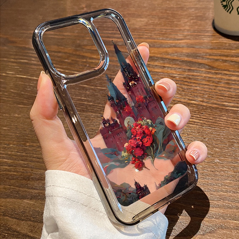 IPHONE Casing Kastil Mawar Merah Untuk Iphone6 Kompatibel 7 8 6Plus 7Plus 8Plus 11 14 Pro Max X XS XR 11 12 13 14 Pro Max SE 2020 2022 Plating Electroplated Buttons Shockproof Cover
