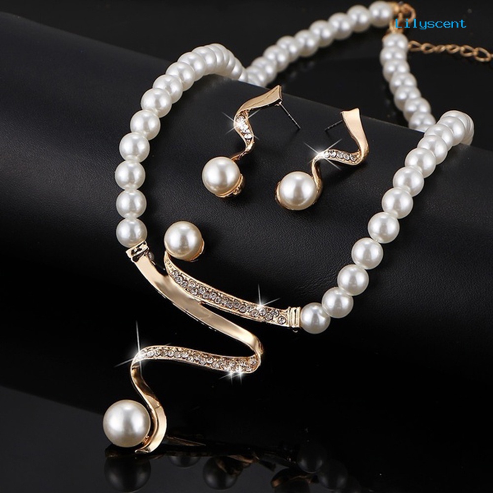 [LS]Rhinestone Faux Pearl Beaded Necklace Stud Earrings Set Perhiasan Pernikahan Pengantin