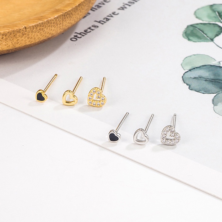 3pcs Fashion Kristal Perak Hati Stud Anting Untuk Wanita Hypoallergenic Sederhana Kecil Earring Perhiasan Aksesoris