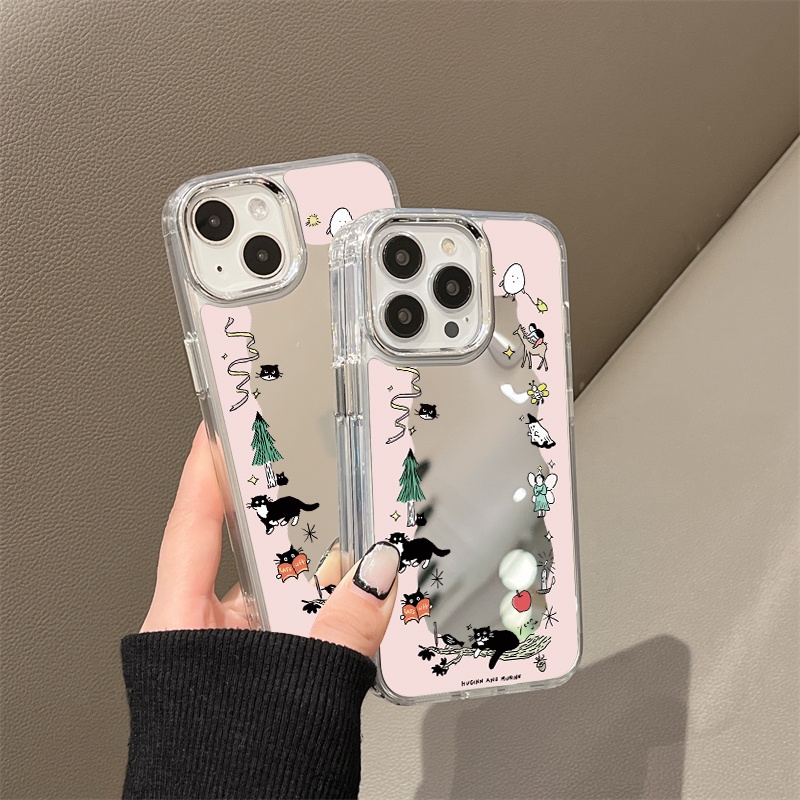 IPHONE Casing Ponsel Cermin Kartun Kompatibel Untuk Iphone11 12 13 14 12Pro 13Pro 14Pro Pro Max XR X XS Max Electroplating Tombol Perlindungan Mirror Cover