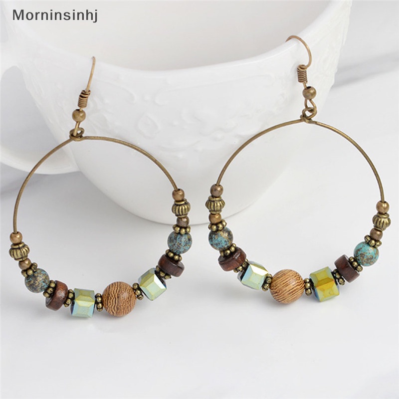 Mornin Bohemia Drop Menjuntai Anting Etnik Lingkaran Besar Manik-Manik Kristal Ear Stud Jewlery id