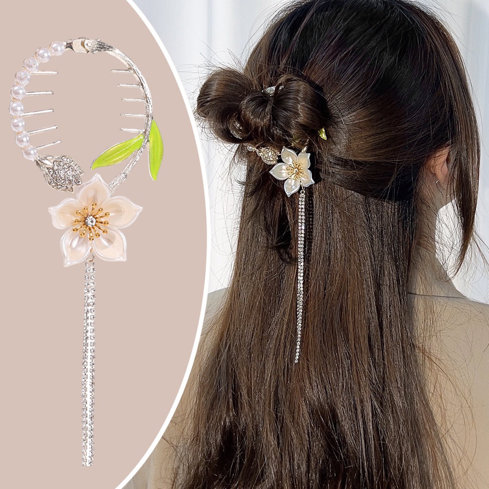 Bunga Rumbai Berlian Imitasi Jepit Rambut Mutiara Imitasi Gesper Klip Gaya Kuno Resin Sintetis Hiasan Kepala Elegan Hair Clip Aksesoris Ponytail Holder