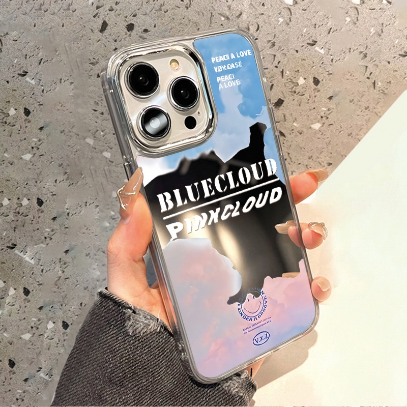 IPHONE Casing Ponsel Cermin Awan Biru Pink Kompatibel Untuk Iphone11 12 13 14 12Pro 13Pro 14Pro Pro Max XR X XS Max Electroplating Tombol Perlindungan Mirror Cover