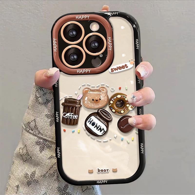 Stereoscopic Doll Puff Crystal Coffee Bear Silicone SoftCase IPhone XR XS Max 11 12 13 14 Pro Max 14 Plus Girl Woman's Fashion Pretty Cute Phone Case