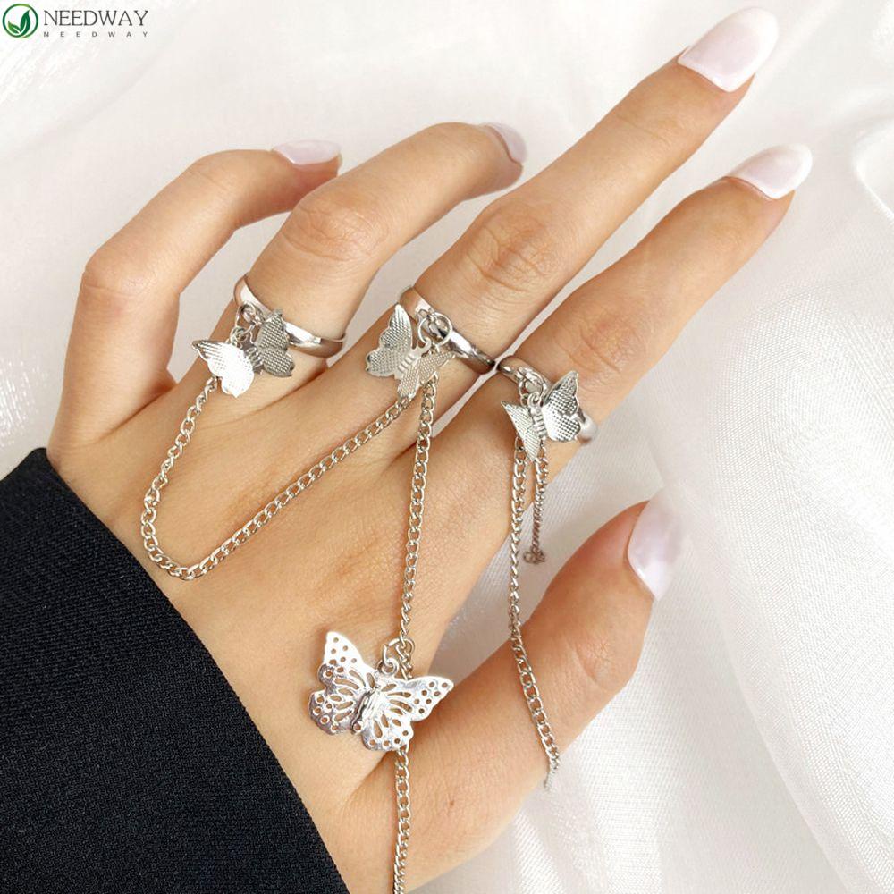 NEEDWAY Wanita Membuka Cincin Kepribadian Retro Punk Untuk Pria Daun Bersama Rantai Buku Jari Rings