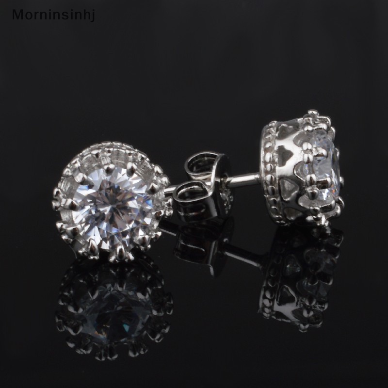 Mornin Wanita Sliver Disepuh Fashion Perhiasan 8MM Bulat Cubic Zirconia Perak Stud Earring id