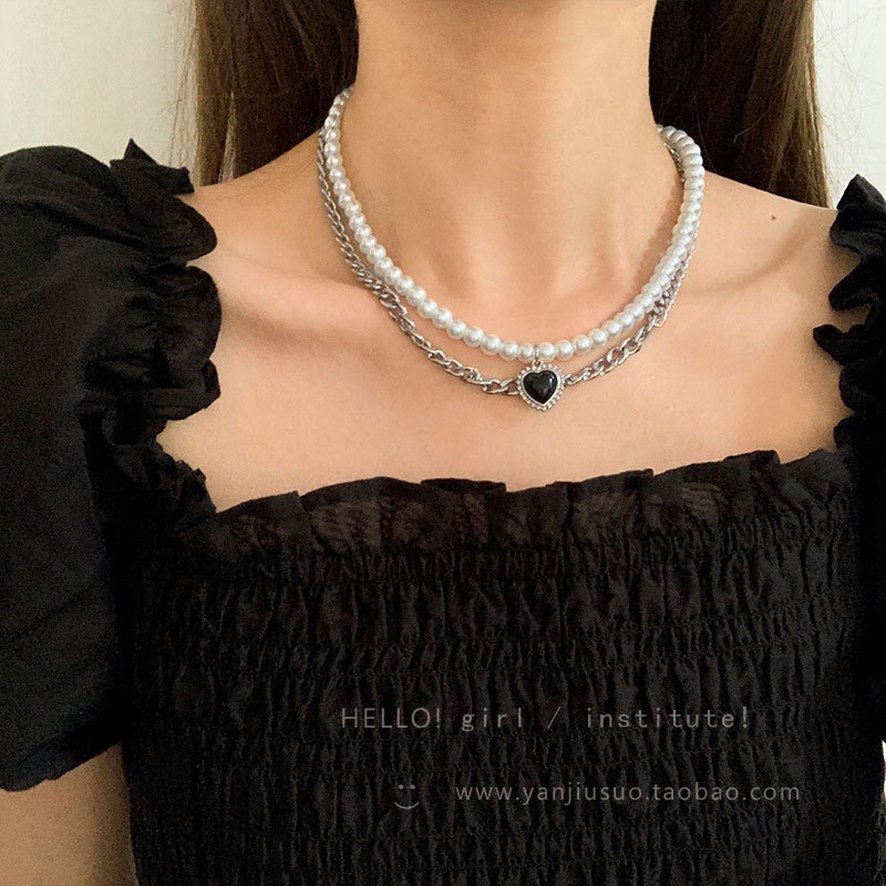 Kalung Cinta Hitam ins Eropa Amerika Perempuan Unik Double-Layer Mutiara Rantai Klavikula All-Match C