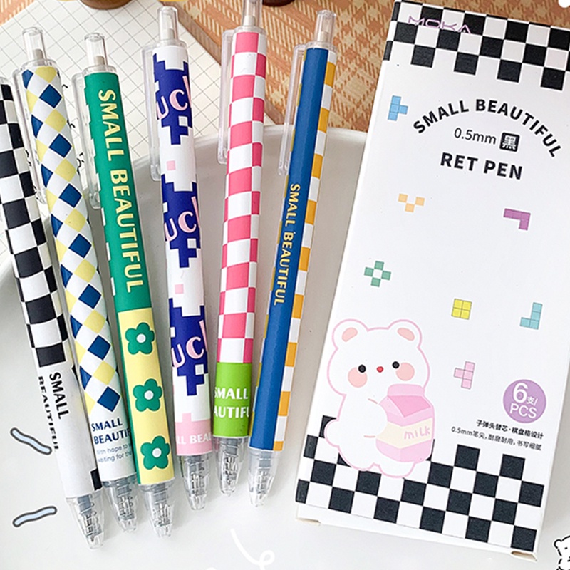 6pcs Kotak 0.5mm Warna-Warni Kotak-Kotak Grids Series Gel Pen Portable Hitam Tinta Peluru Nib Ditarik Pulpen