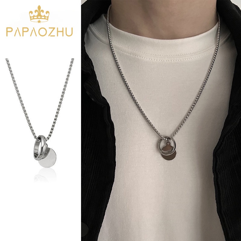 Papaozhu Chic Stainless Steel Cincin Bulat Liontin Kalung Untuk Pria Wanita Unisex Tebal Sweater Rantai Pasangan Kalung Perhiasan