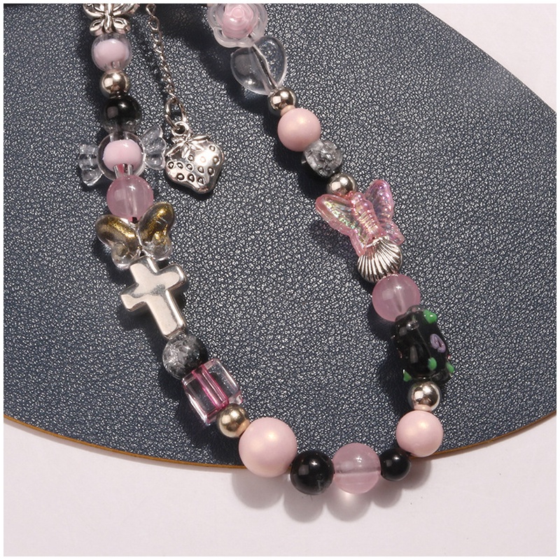 Liontin Strawberry Logam Akrilik Manik-Manik Kupu-Kupu Merah Muda Ponsel Strap Rantai Untuk iPhone Untuk Samsung Untuk OPPO Untuk VIVO Untuk Huawei Untuk Redmi Untuk Xiaomi Universal Bluetooth Earphone Case