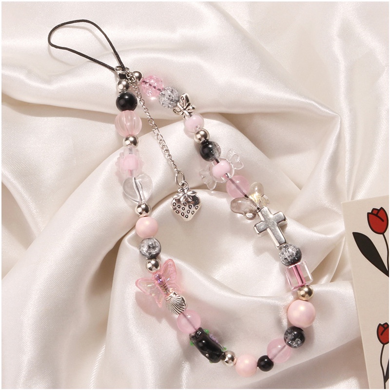 Liontin Strawberry Logam Akrilik Manik-Manik Kupu-Kupu Merah Muda Ponsel Strap Rantai Untuk iPhone Untuk Samsung Untuk OPPO Untuk VIVO Untuk Huawei Untuk Redmi Untuk Xiaomi Universal Bluetooth Earphone Case