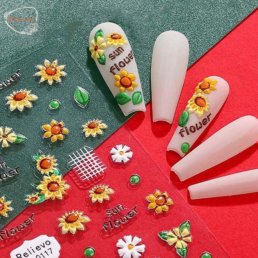 MXBEAUTY Bunga Stiker Kuku Fashion Ins Gaya Cherry 3D Relief Tulip Perekat Diri Stiker Kuku Kupu-Kupu