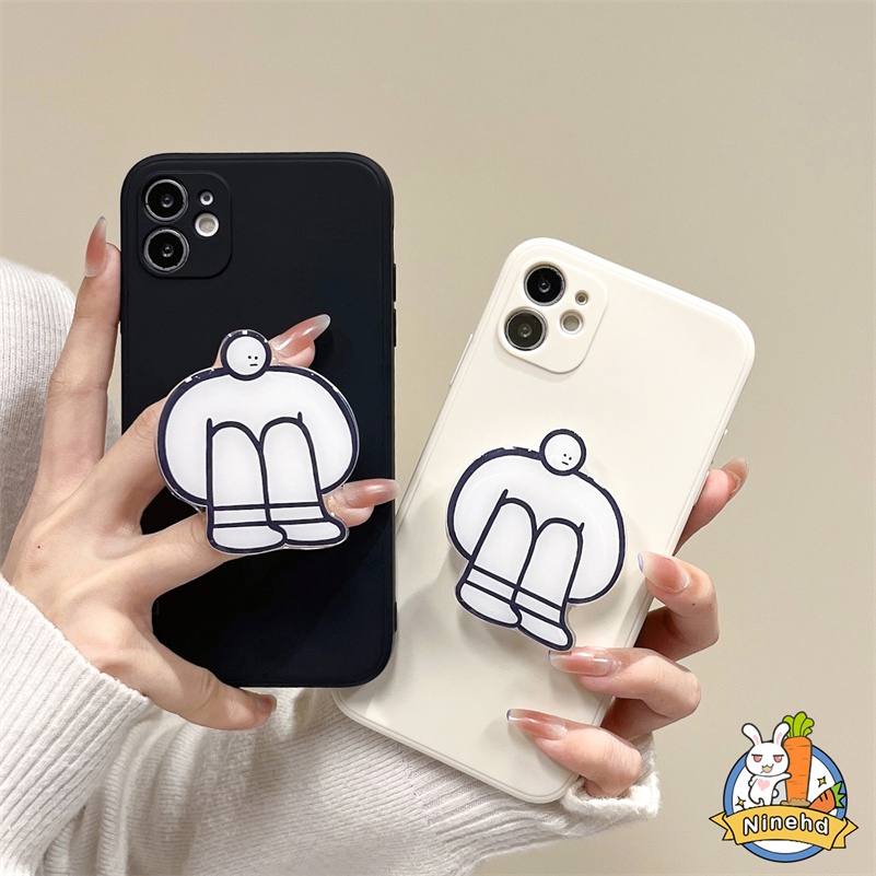 IPHONE Stand Ponsel Cowok Gaya Korea Simple Soft Case Kompatibel Untuk Iphone14 13 12 11 Pro Max X Xr Xs Max8 7 6 6s Plus SE 2020hitam Putih Warna Solid Silikon Casing Ponsel Tepi Lurus