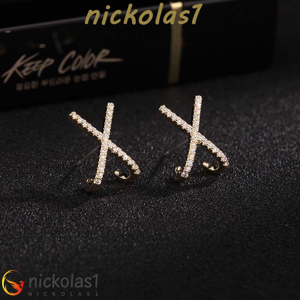 NICKOLAS1 X Anting Logam Alfabet Mengkilap X X Berbentuk Fashion Perhiasan Berlian Imitasi Zirkon Wanita Earrings