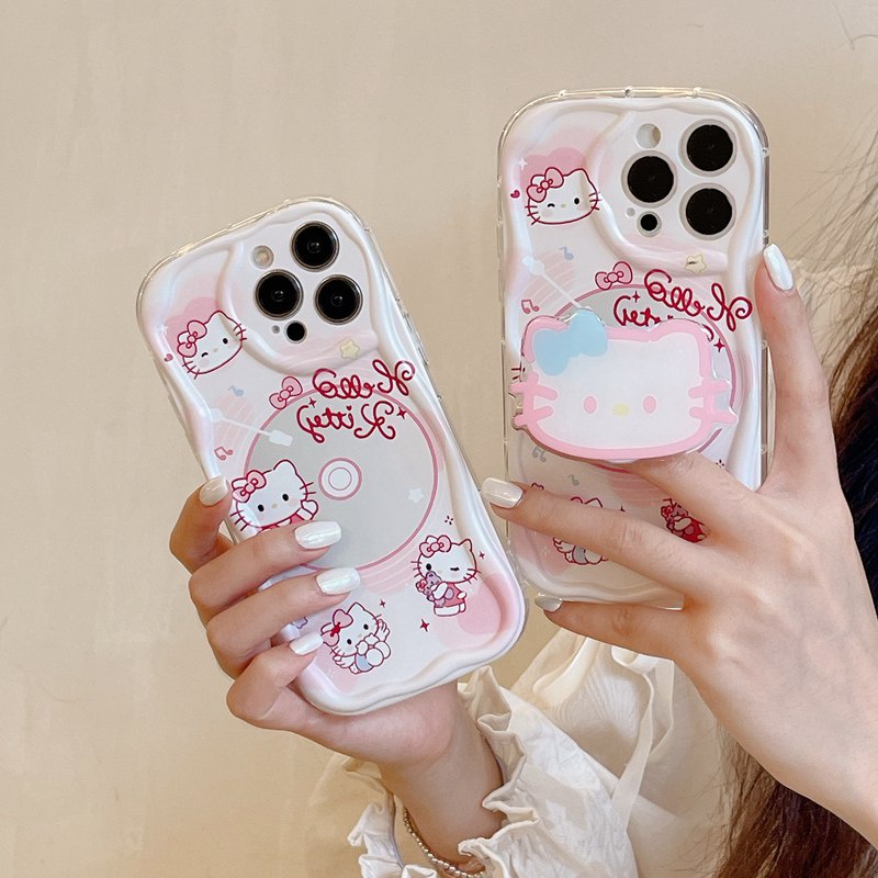 Cream Casing CD Hello Kitty Popsocket Soft Case HP iP iPhone 6 6S 7 8 14 + Plus SE 2020 2022 X XS XR 11 12 13 Pro Max Girl Woman