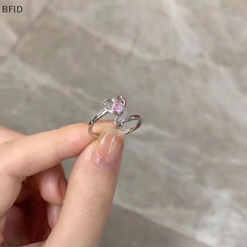 [BFID] Fashion Shiny Pink Rhinestone Heart Opening Couple Rings Vintage Kristal Adjustable Finger Ring Untuk Wanita Kekasih Perhiasan Hadiah [ID]