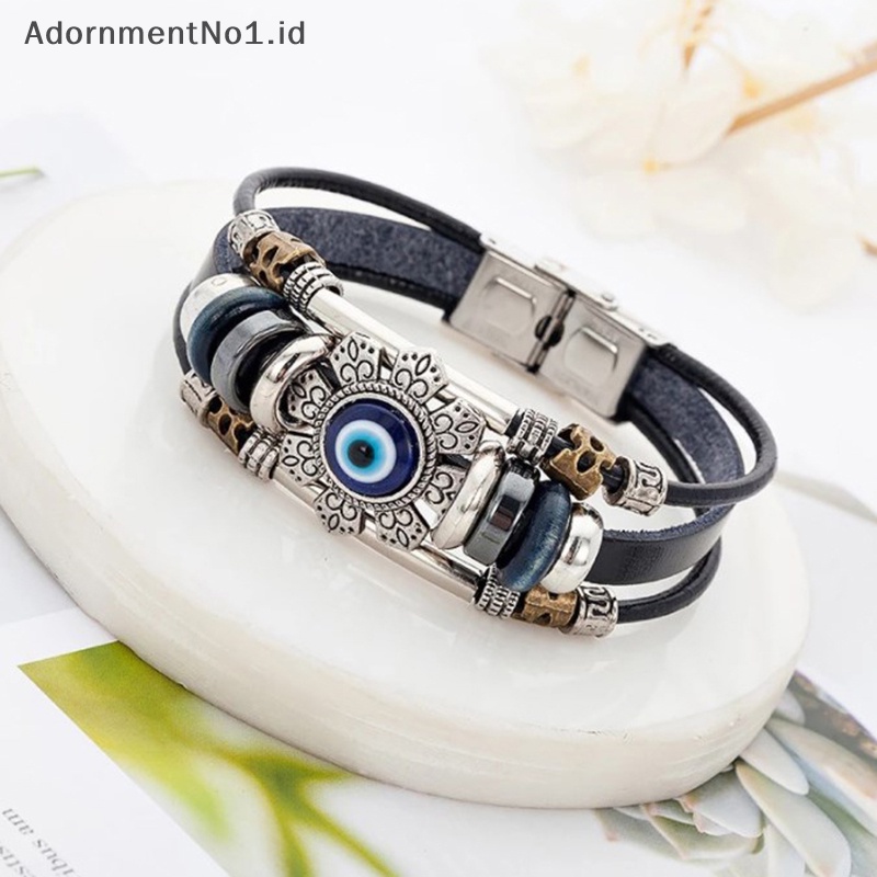 [AdornmentNo1] Turki beruntung mata jahat gelang untuk pria perhiasan aksesoris buatan tangan Multilayer Beaded Black Punk Leather Bracelets untuk wanita