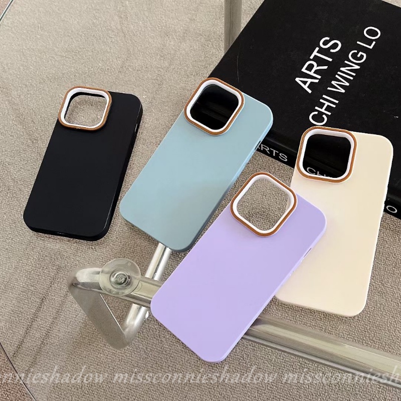 Casing Ponsel Warna Macaron Sederhana Kompatibel Untuk IPhone XR X13 14 11 12 Pro MAX 7Plus 8Plus XS Max7 8 Plus Nuansa Kulit Mewah Bingkai Lensa Metal Warna Solid Anti Jatuh Hard Cover