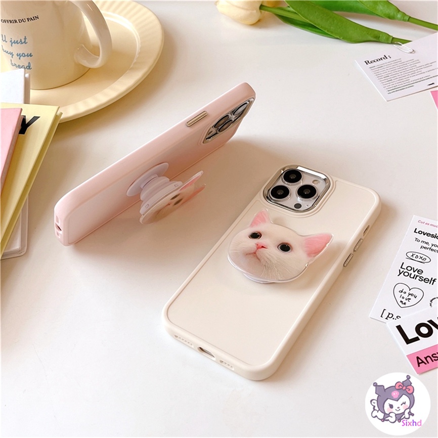 Compatible For iPhone 11 14 13 12 Pro Max 8 7Plus X Xs Xr Xs Max SE2020 Electroplated Lens Frame Protection Cute Cartoon Kitten Fashion Phone Case+Bracket Soft Anti Drop Cover