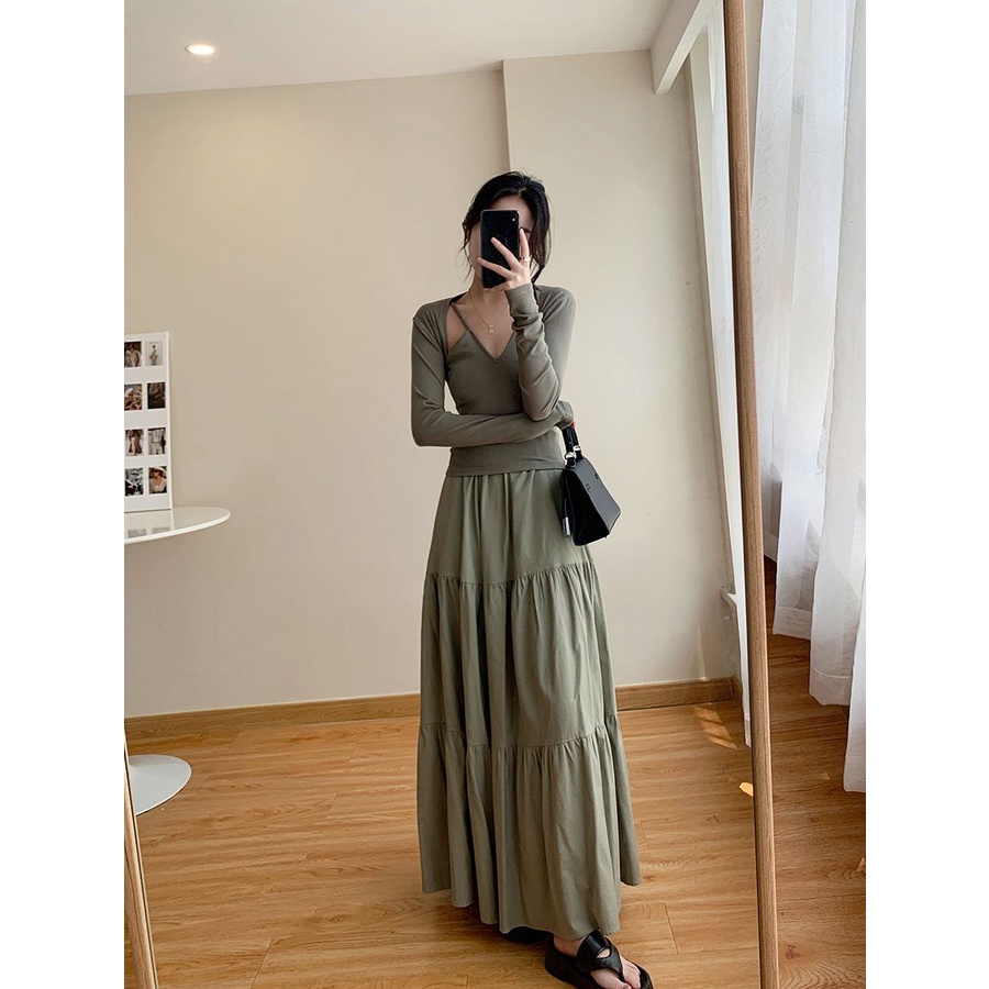 Rok Linen Wanita Vintage Lipatan Oversize Casual Rok