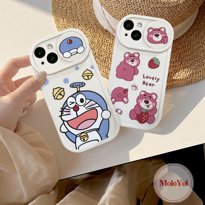 Push Pull Window Lovely Doraemon Funny Dinosaur Camera Lens Protector Case Compatible for IPhone 7Plus XR X XS Max 11 13 12 Pro Max 8Plus Strawberry Bear Lotso Cartoon Cover