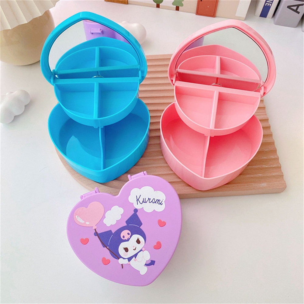 ღ Sanrio Kotak Perhiasan Berbentuk Hati Gadis Hati Kulomi Kotak Perhiasan Desktop Perhiasan Kalung Anting-Anting Double-layer Flip Finishing Groceries Box