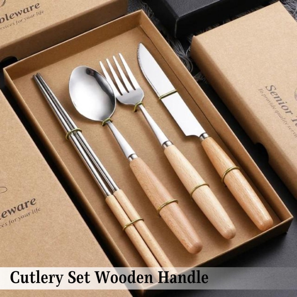 BearPaw Set Alat Makan Sendok Garpu Pisau Sumpit Cutlery Wooden Handle