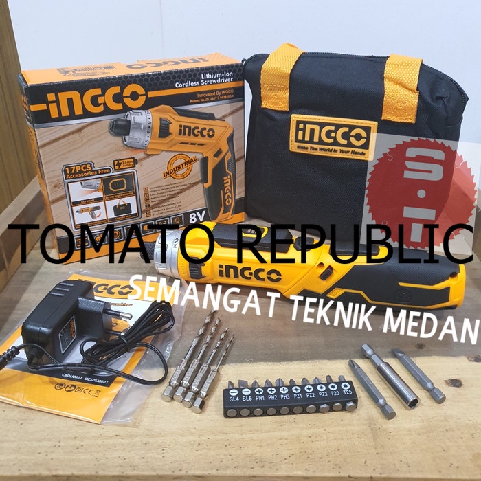Murah OBENG BOR TANGAN CHARGER CORDLESS SCREWDRIVER 17 pcs 8V 2 MODE INGCO VGD782