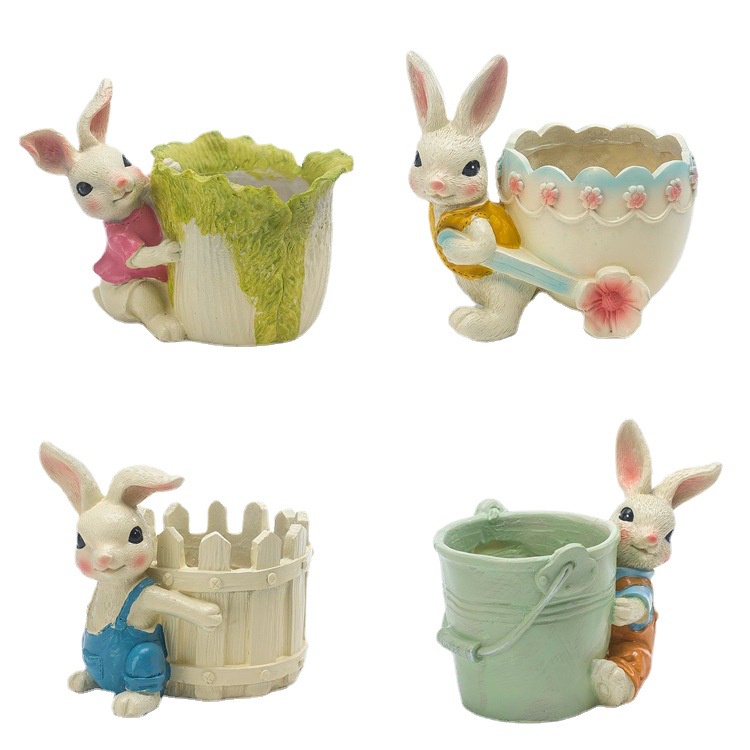 ღ Cute Fun Rabbit Shape Flowerpot Creative Bunny Resin Pot Bunga Pot Wadah Penyimpanan Desktop Dekorasi Desktop Kreatif