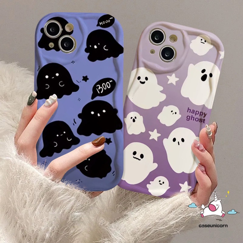 Kartun Doodle Hantu Kecil Case Untuk Realme C53 C33 C35 C11 9i 5s 6i 5i 5c55 C31 C30 C25s C25 C15 C21 C20 C20A C25Y C3 C21Y C12 C1 C17 C2 3D Bergelombang Tepi Lengkung Pasangan Soft Cover