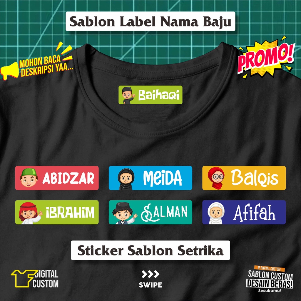

Stiker Kain Label Nama Baju Karakter Anak Muslim Sekolah Pesantren Asrama Name Tag Laundry Sticker Sablon Setrika DTF IF Digital Custom Siap Press