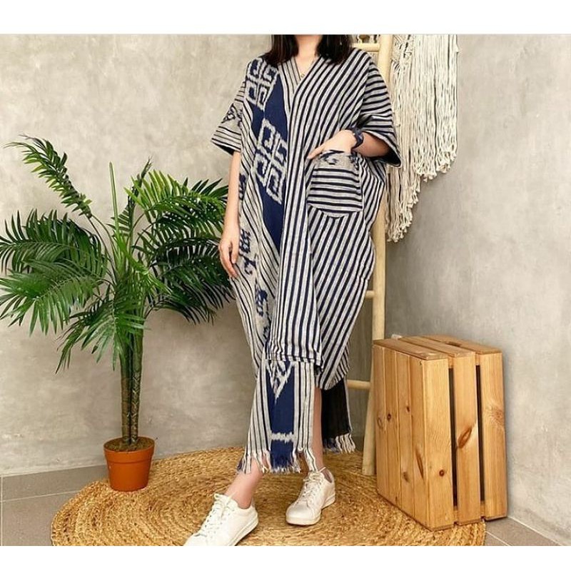 Dress Tenun Kaftan tunik jumbo baju kondangan wanita moderen ootd natalan