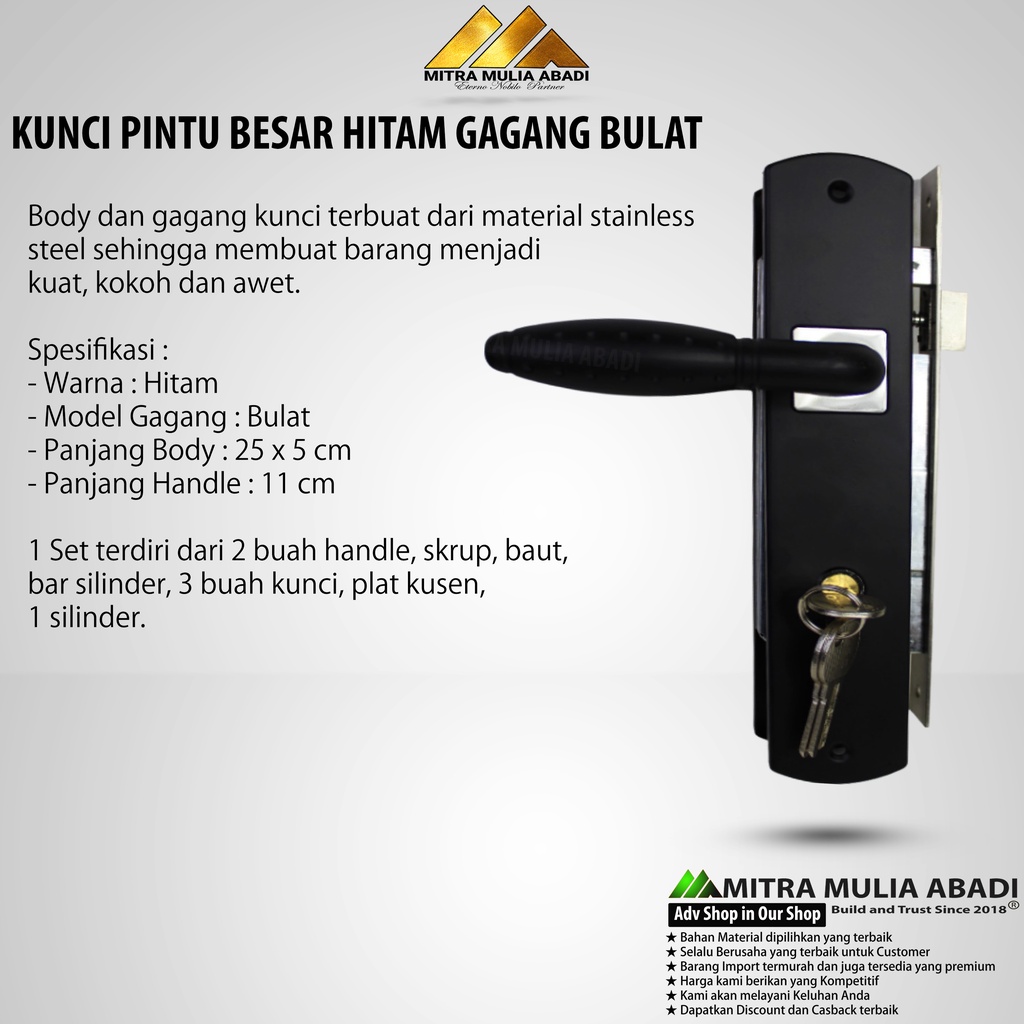 KUNCI PINTU BESAR HITAM KOTAK GAGANG BULAT / HANDLE PINTU / KUNCI PINTU HITAM