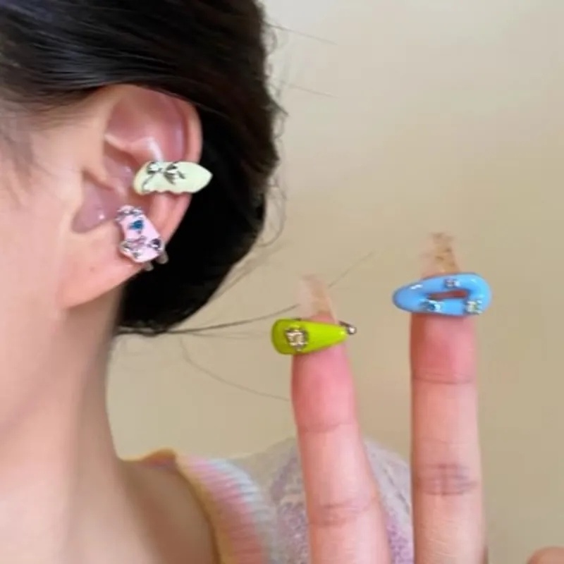 [Fitur] Gadis Lucu Ringan Mewah Ada Lubang Telinga Klip Telinga/Fashion Manis Keren Busur Aksesoris Telinga Manset Telinga Cincin Telinga/Y2K Warna-Warni Menjatuhkan Glasir Telinga Klip Anting-Anting/