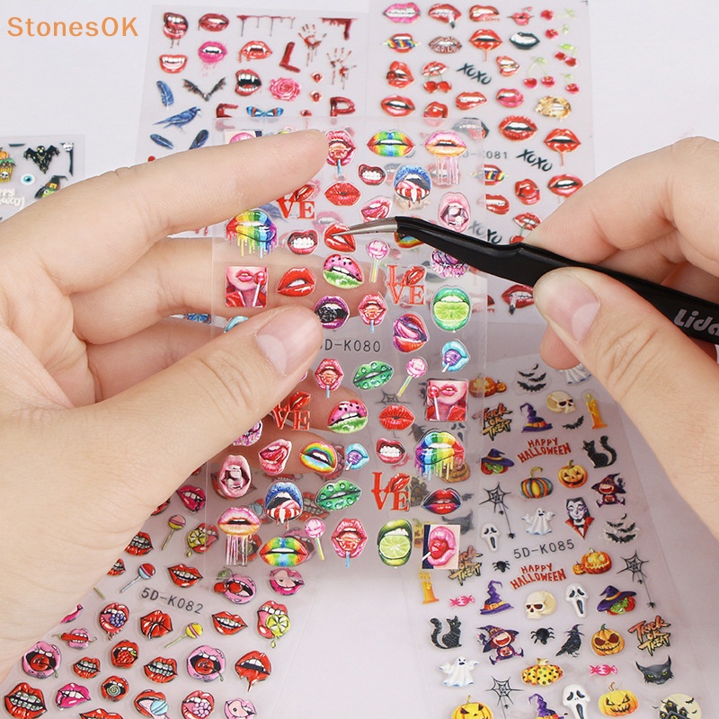 Batu Halloween Stiker Kuku 5D Skeleton Ghost Pattern Nail Decals Self-Adhesive Cree ID