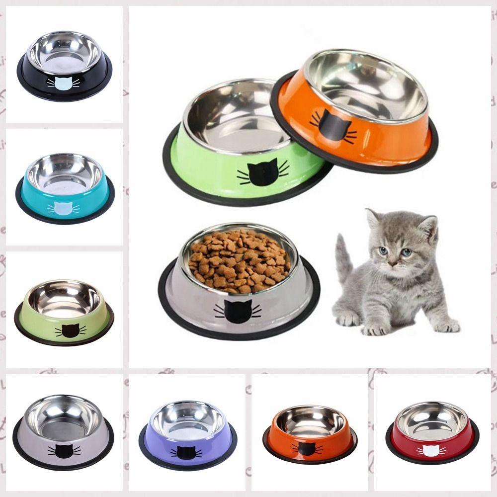 Non-slip Pola Wajah Kucing Stainless Steel Pet Bowl, Non-slip Pola Wajah Kucing Stainless Steel Pet Bowl, Aksesoris Kucing Tidak Karat Stainless Steel Karet Dasar Kucing Water Bowl Puppy