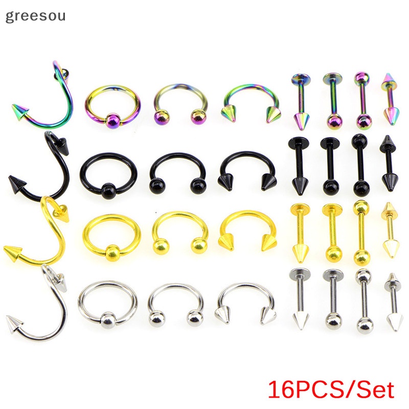 Greesou 16PCS /Set Cincin Bar Lidah Perut Spiral Stainless Steel Perhiasan Alis ID