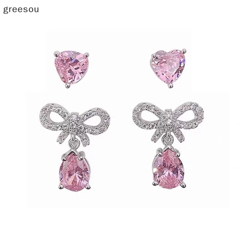 Greesou 1/2pasang Bersinar Pink Zirkon Tetesan Air Busur Stud Anting Perhiasan Hati Romantis ID