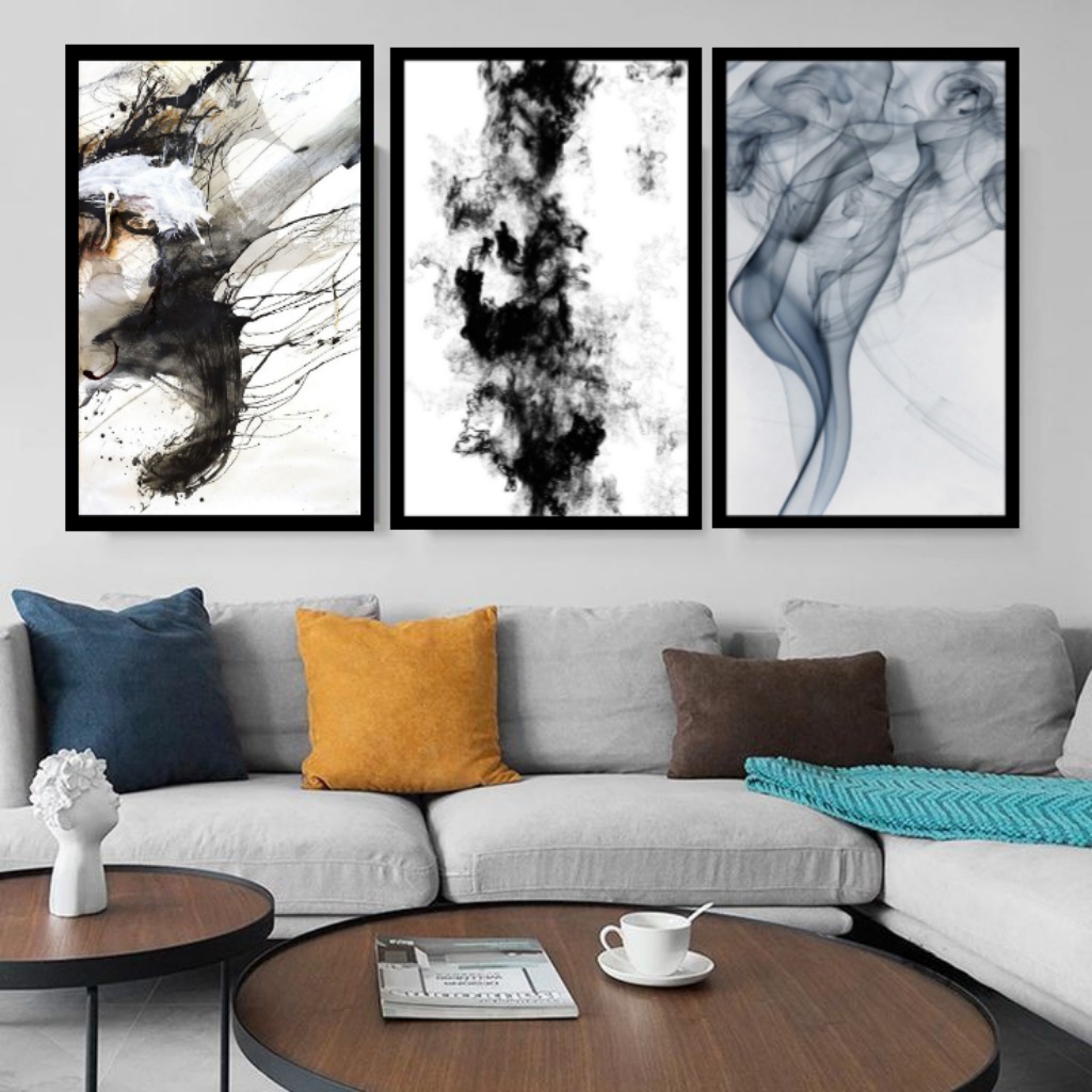 Dekorasi dinding gambar abstrak ukuran 47x31, hiasan dinding aestetic, poster asap bingkai kayu tanp