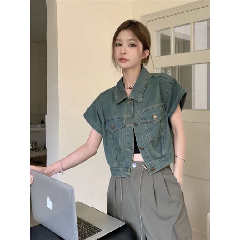 Women's sweet cool retro short sleeve denim jacket design POLO neck short loose top