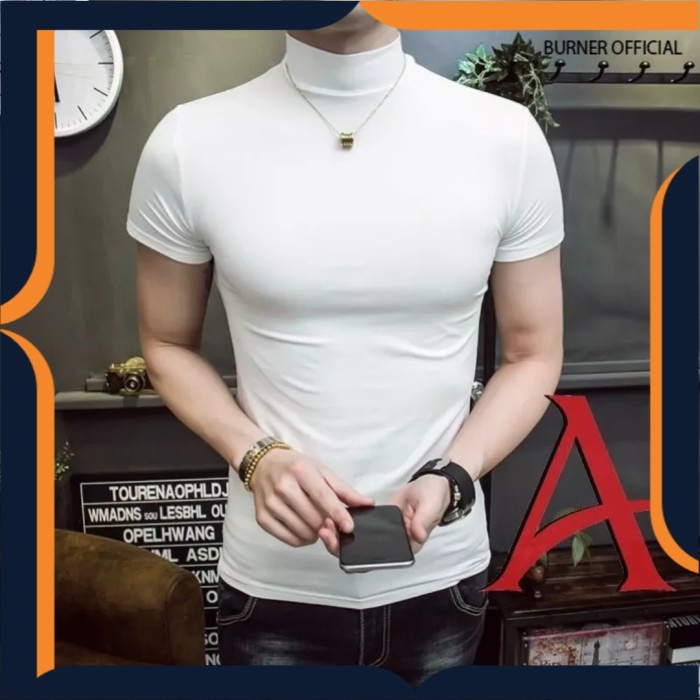 Promo - TURTLENECK PRIA PUTIH LENGAN PENDEK kaos polos leher tinggi baju korea - Sedia kaos turtlene