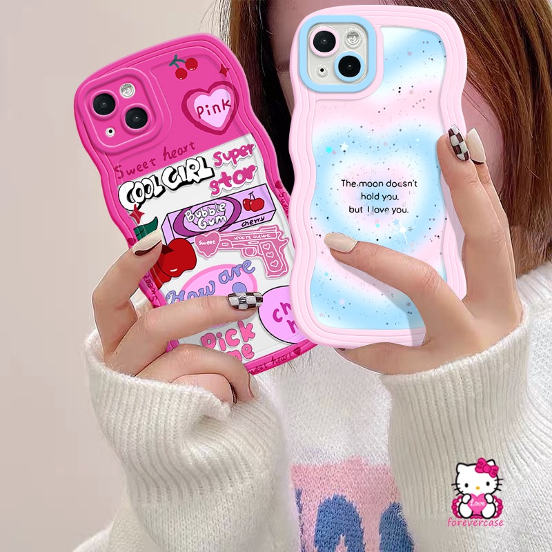 IPHONE Casing Love Heart Gradasi Pink Cherry Manis Kompatibel Untuk Iphone7 6s 6 8 Plus 13 11 14 12 Pro Max XS X XR Max14 Plus SE 2020 Fashion Lembut Tpu Penutup Tepi Bergelombang