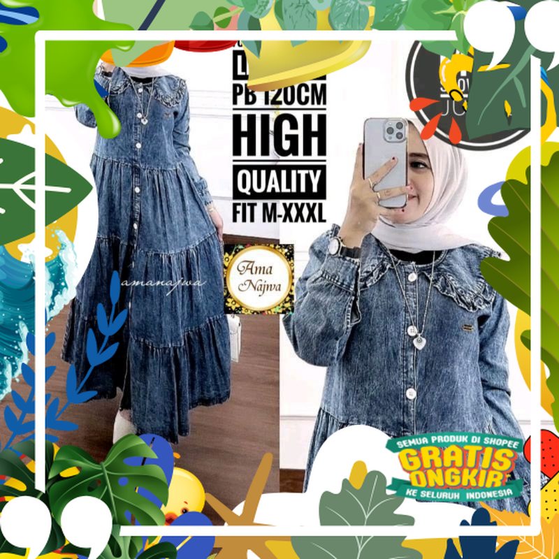 Midi Dress Jeans Jumbo Ld 120 / Baju Gamis Susun Busui Full Kancing Polos Denim jins Wash Quality Pr
