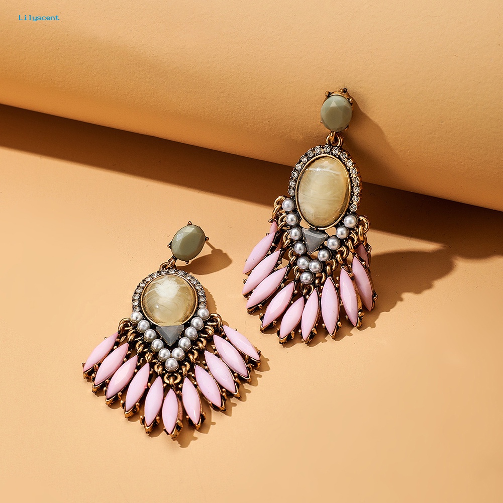 Lilyscent Baroque Wanita Berlian Imitasi Hias Geometris Menjuntai Telinga Stud Anting Perhiasan Pesta