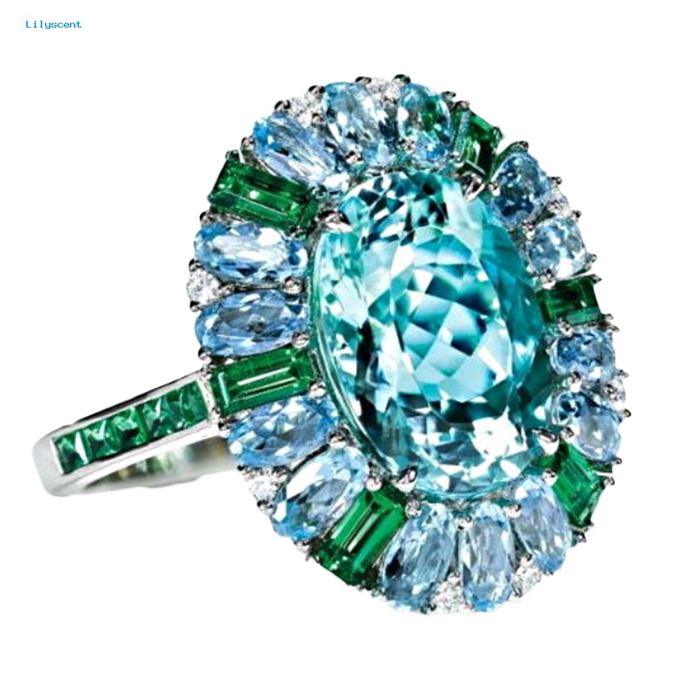 Lilyscent Mewah Wanita Faux Emerald Aquamarine Bunga Cincin Hadiah Perhiasan Pesta Pernikahan