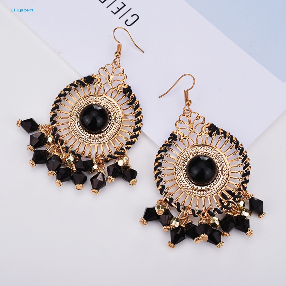 Lilyscent Bohemia Wanita Fashion Retro Rumbai Manik-Manik Bulat Drop Menjuntai Kait Anting Perhiasan